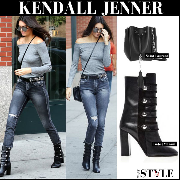 Kendall Jenner in Isabel Marant Arnie black leather silver button ankle ...