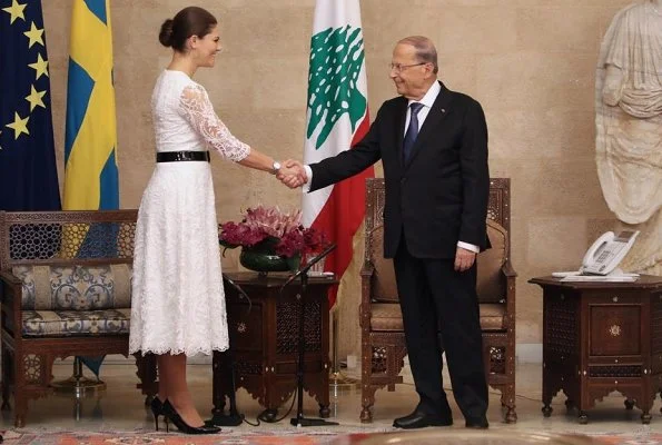 Crown Princess Victoria wore By Malina lace dress. Prime Minister Saad Hariri, at Grand Serail. Lebanese President Michel Aoun