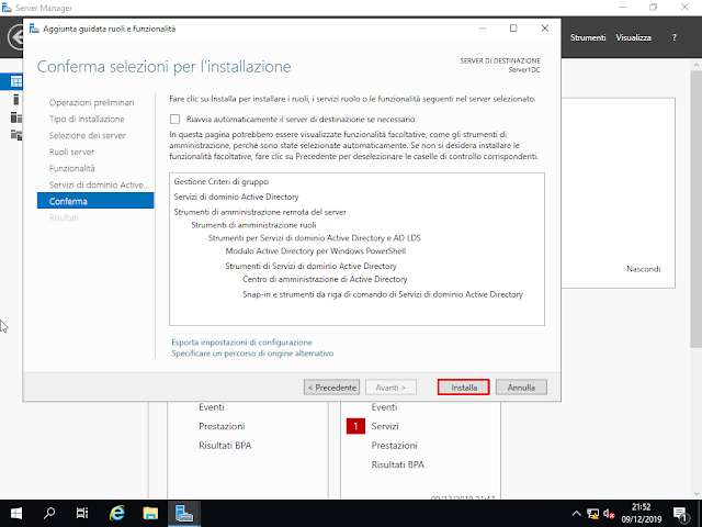 Windows Server 2019, Conferma selezioni per l'installazione