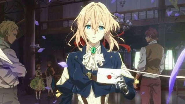 A girl blonde android with perfect appearance holds a letter with a drop of blood