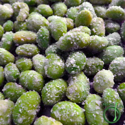Morsels of Life - Crispy Edamame Step 3 - After coating edamame with Parmesan, place into a baking tray in a monolayer. Bake at 400F for 10 minutes, stir, and then bake for another 10 minutes or until crispy.