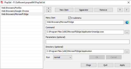 PopSel Windows 6용 팝업 메뉴 실행기 소프트웨어