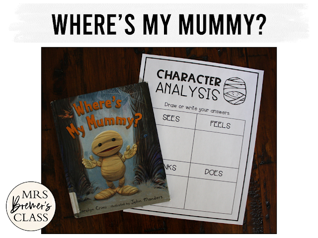 Where's My Mummy book study activities unit with Common Core aligned literacy companion activities and a craftivity for Halloween in Kindergarten and First Grade