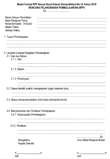 Format RPP 1 Lembar Berdasarkan Edaran Mendikbud No 14 Tahun 2019 ...