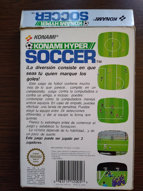 Caja del juego Konami Hyper Soccer de NES por la parte de detrás