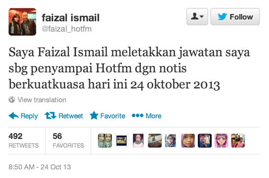 Faizal Ismail Letak Jawatan Penyampai Hotfm 24 oktober 2013