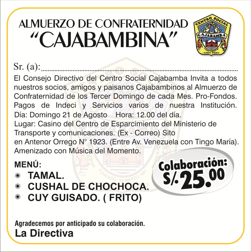 Almuerzo de Confraternidad Cajabambina en Lima | 21 Agosto