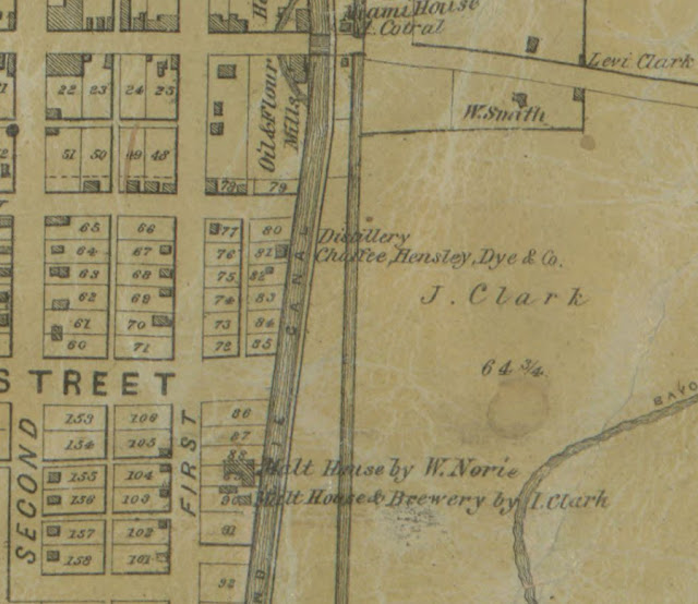 Tippecanoe detail view of 1858 Miami County map showing "I. Clark" brewery at bottom center.