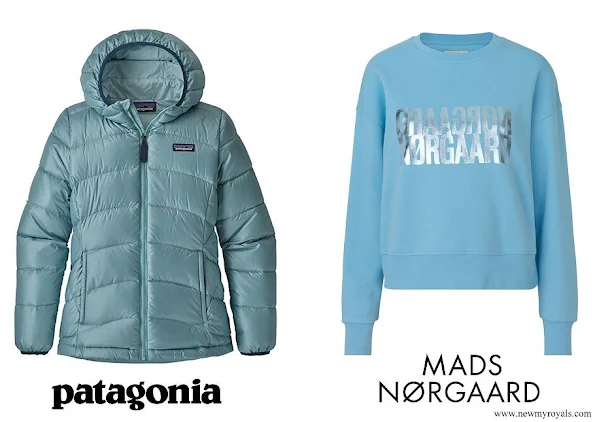 Princess Athena wore Patagonia Hi-Loft Down Sweater Hooded Jacket and Mads Nørgaard Organic Sweatshirt Talinka Alaskan Blue