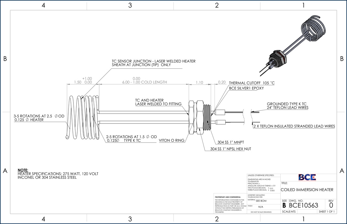 Custom Coiled Cable Immersion Heater with Thermocouple and Thermal