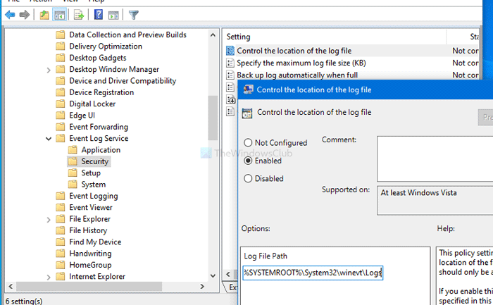 Come modificare la posizione del file registro eventi predefinito in Windows 10