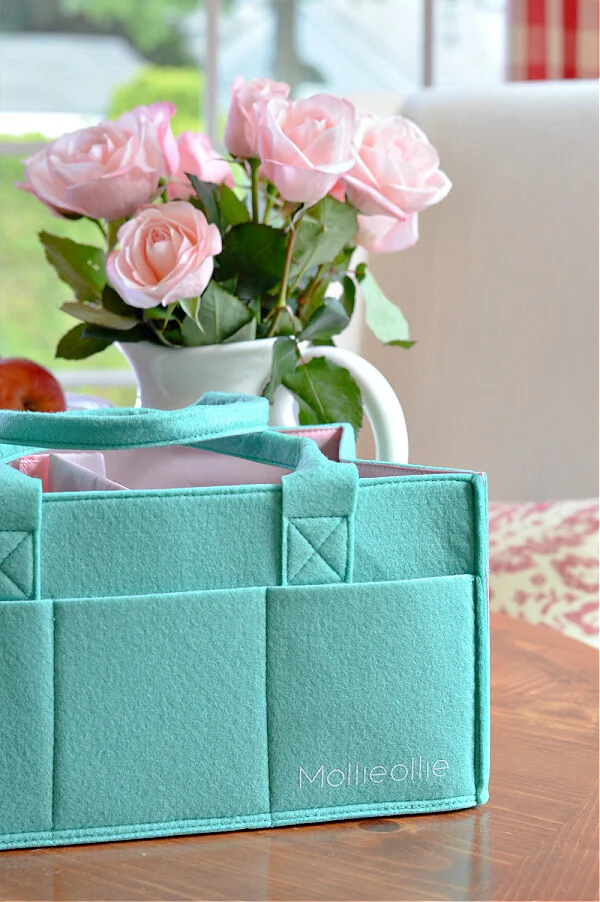 Mollie Ollie Mimmo Caddy Teal in front of vase of roses