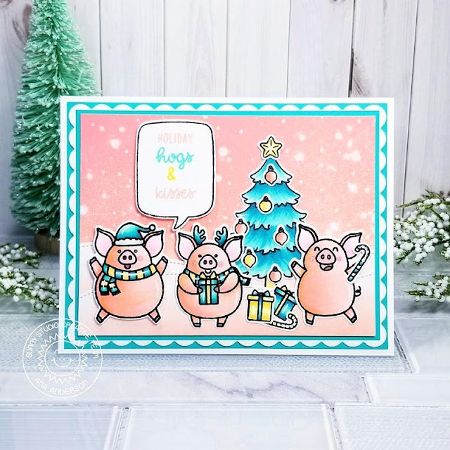 Sunny Studio Stamps: Hogs & Kisses Frilly Frame Dies Seasonal Trees Woodland Border Dies Santa Claus Lane Winter Themed Holiday Card by Ana Anderson Sunny Studio Stamps: Hogs & Kisses Frilly Frame Dies Seasonal Trees Woodland Border Dies Santa Claus Lane Winter Themed Holiday Card by Ana Anderson