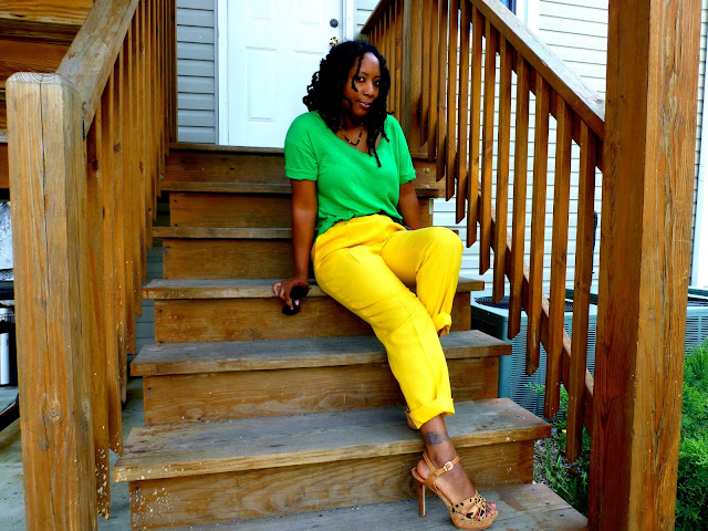 thrifted yellow pants green tee