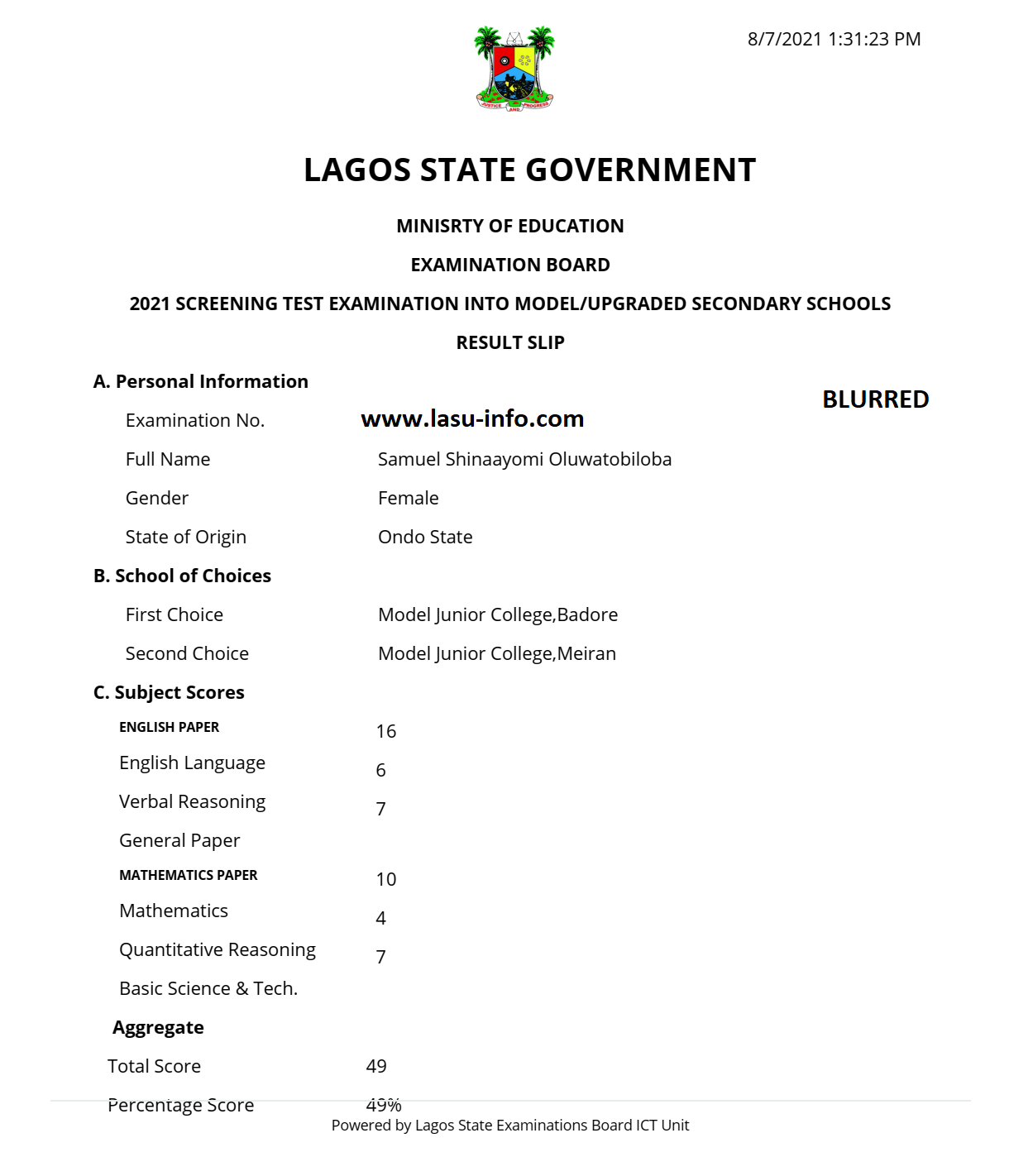 Lagos State Model Colleges Screening Test Result 2022/2023