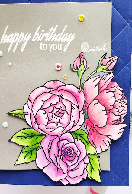 Studio Katia - Spring floral bouquet stamp card , floral card, Copic markers, , Embossing folder, We R Memory Keepers, Birthday card, Card for her, Quillish, cards by Ishani, copic coloring of flowers, spring theme card