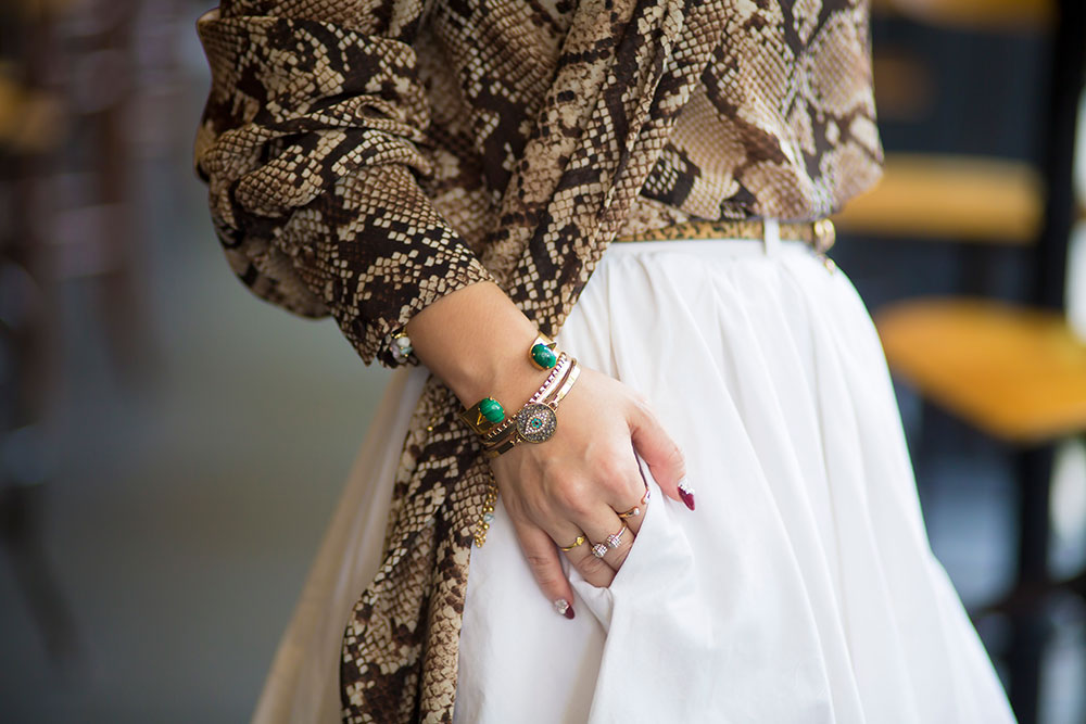 Crystal Phuong- Fashion Blogger- White skirt & snake skin blouse