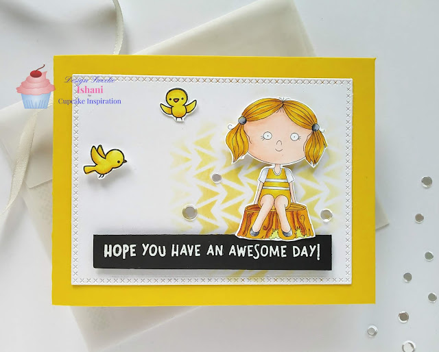 Crafty sentiments - Lola hello digi , Digital stamp, Coloring, Copic markers, stenciling, Everyday cards, Quillish, digital image card, shades of yellow card