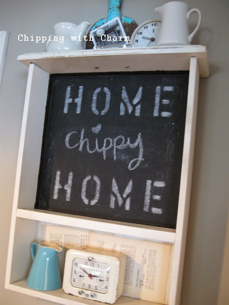 Chipping with Charm: Kitchen Drawer turned Chalkboard Shelf...http://chippingwithcharm.blogspot.com/