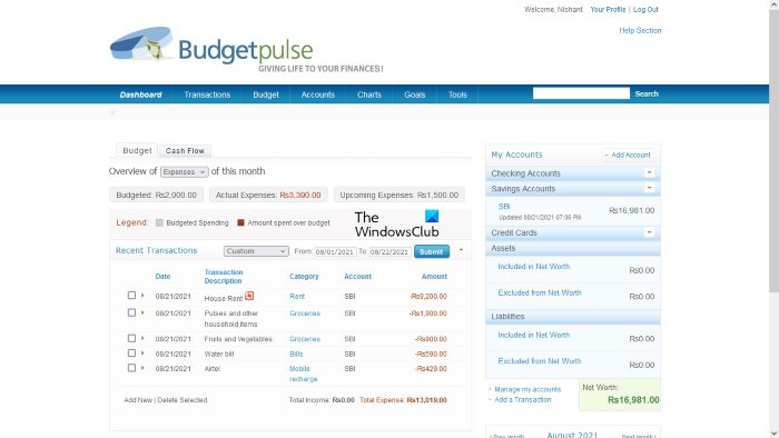 Herramienta de administración de dinero en línea Budgetpulse