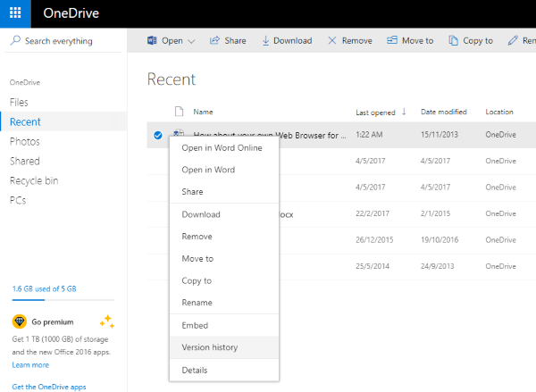 모든 파일 형식에 대해 OneDrive에서 버전 기록 사용