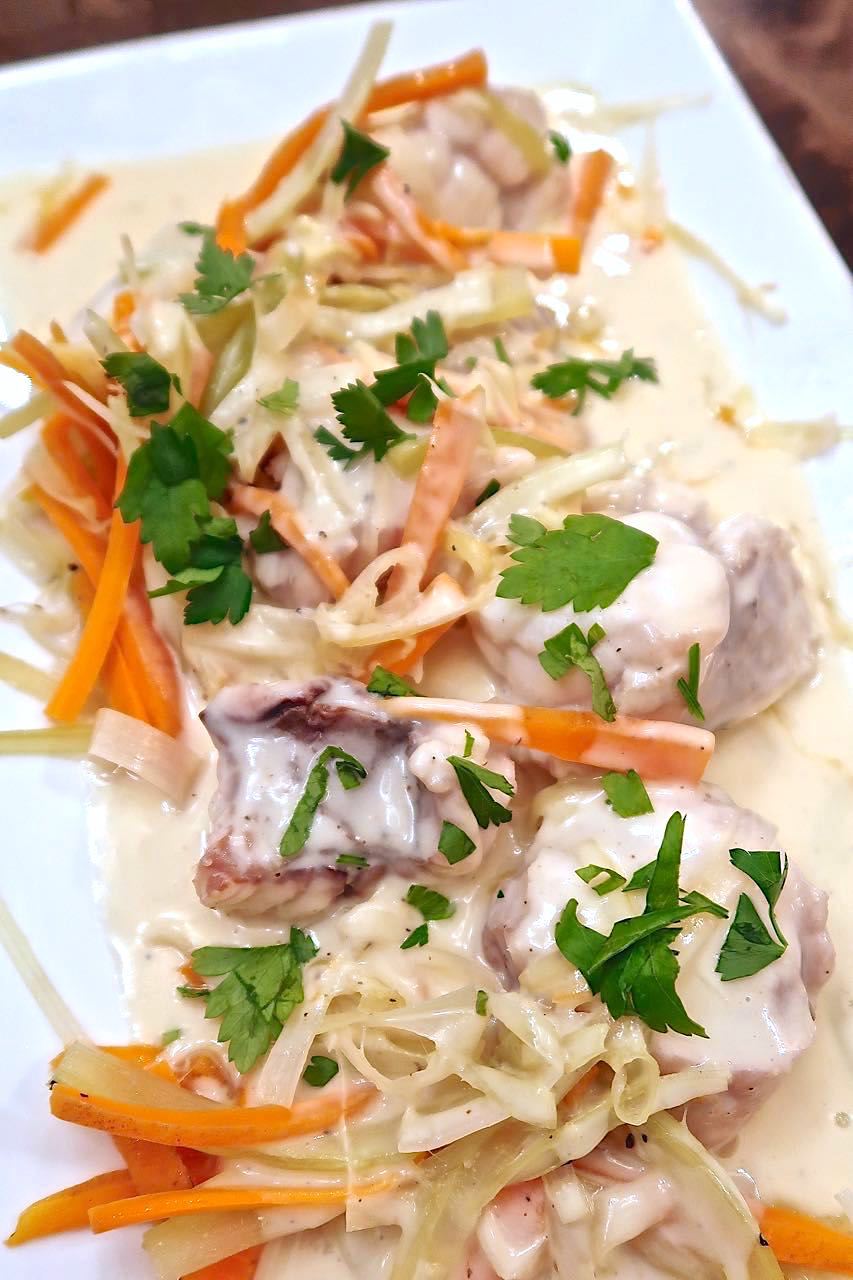 Scrumpdillyicious Monkfish with Julienned Vegetables & Cream Sauce