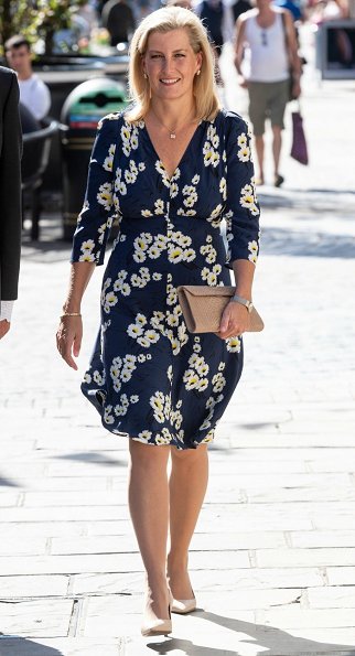 Countess Sophie of Wessex wore Suzannah Marigold Tea dress. The Countess wore a floral-print dress by Suzannah