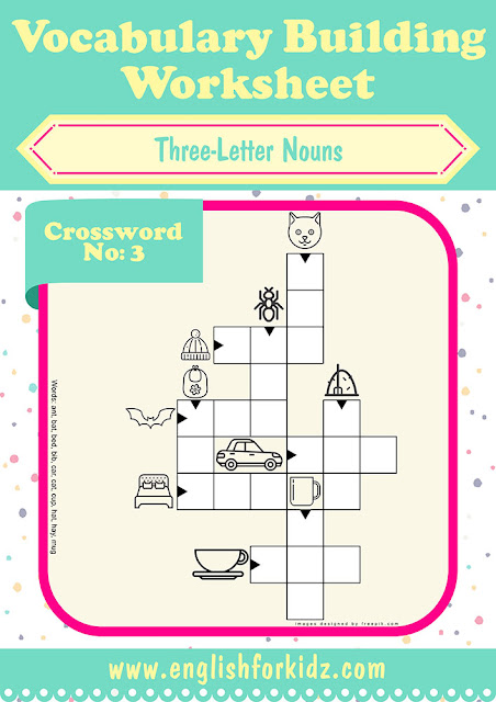 Printable esl worksheets, crossword puzzle to learn English three letter nouns
