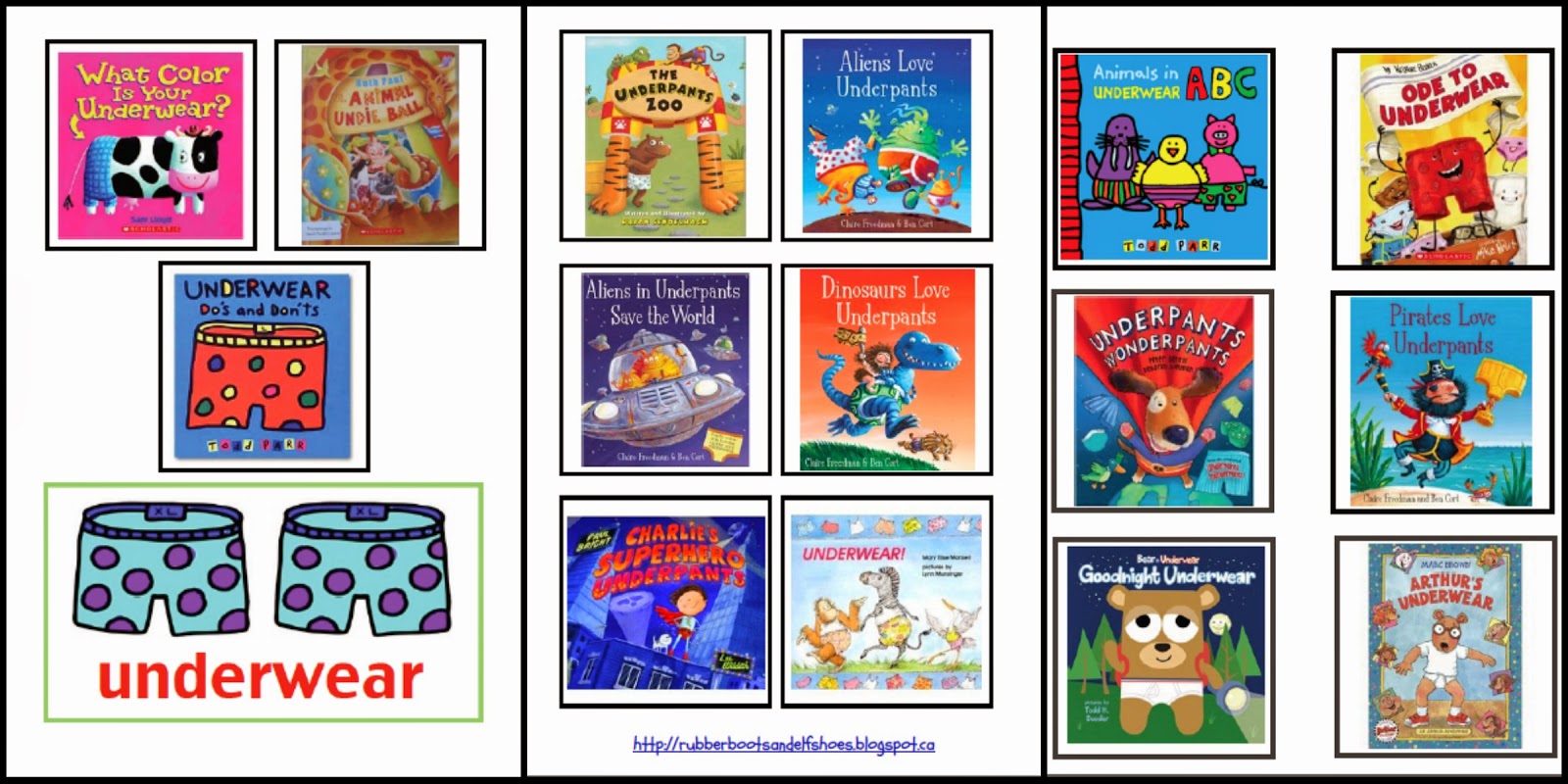 underwear books rubber boots and elf shoes