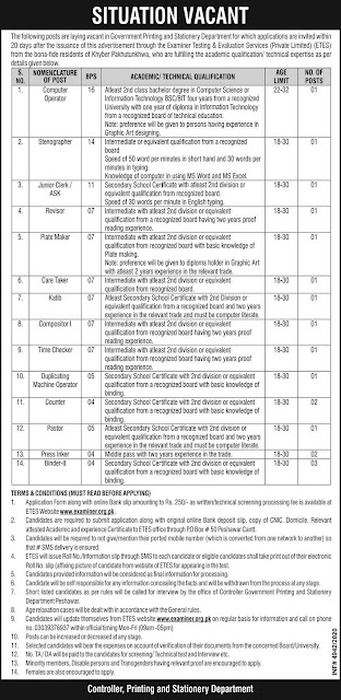 New Jobs 2020 Printing and Stationery Department KPK Latest Jobs 2020
