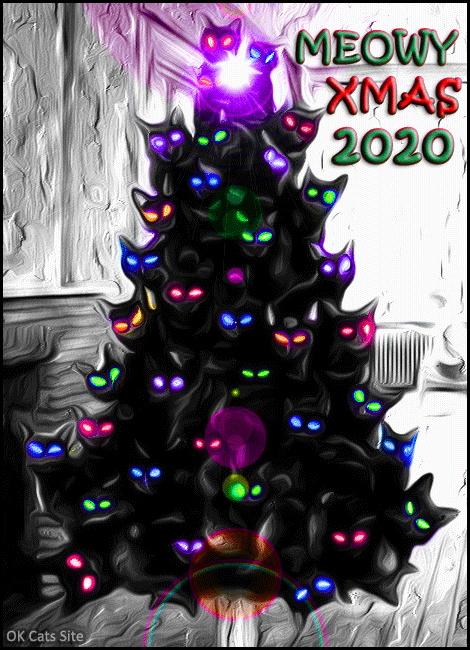 Artistic Xmas Cat GIF • 35 flashing black cats wish you a MEOWY XMAS 2020