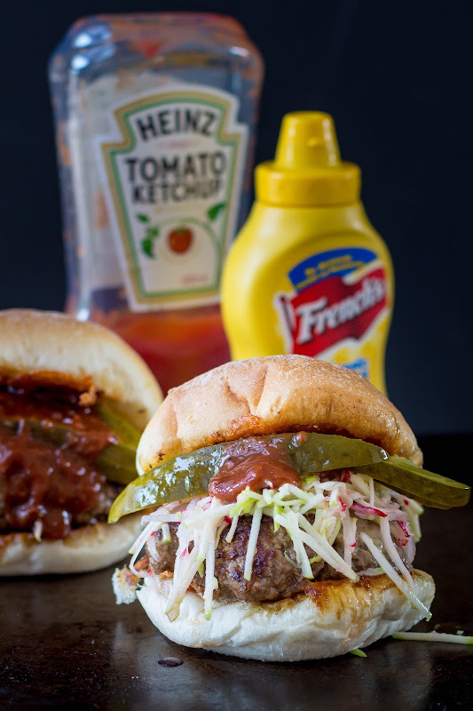 Milk and Honey Beef and Blue Cheese Burgers with Apple and Radish Slaw