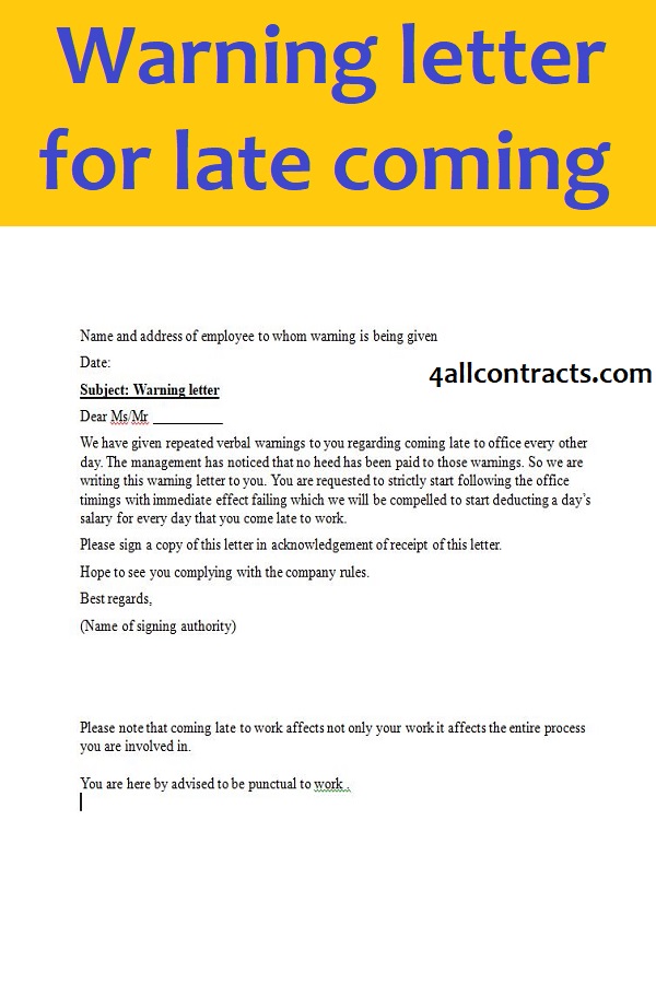 Warning letter for late coming to work doc and pdf Sample contracts