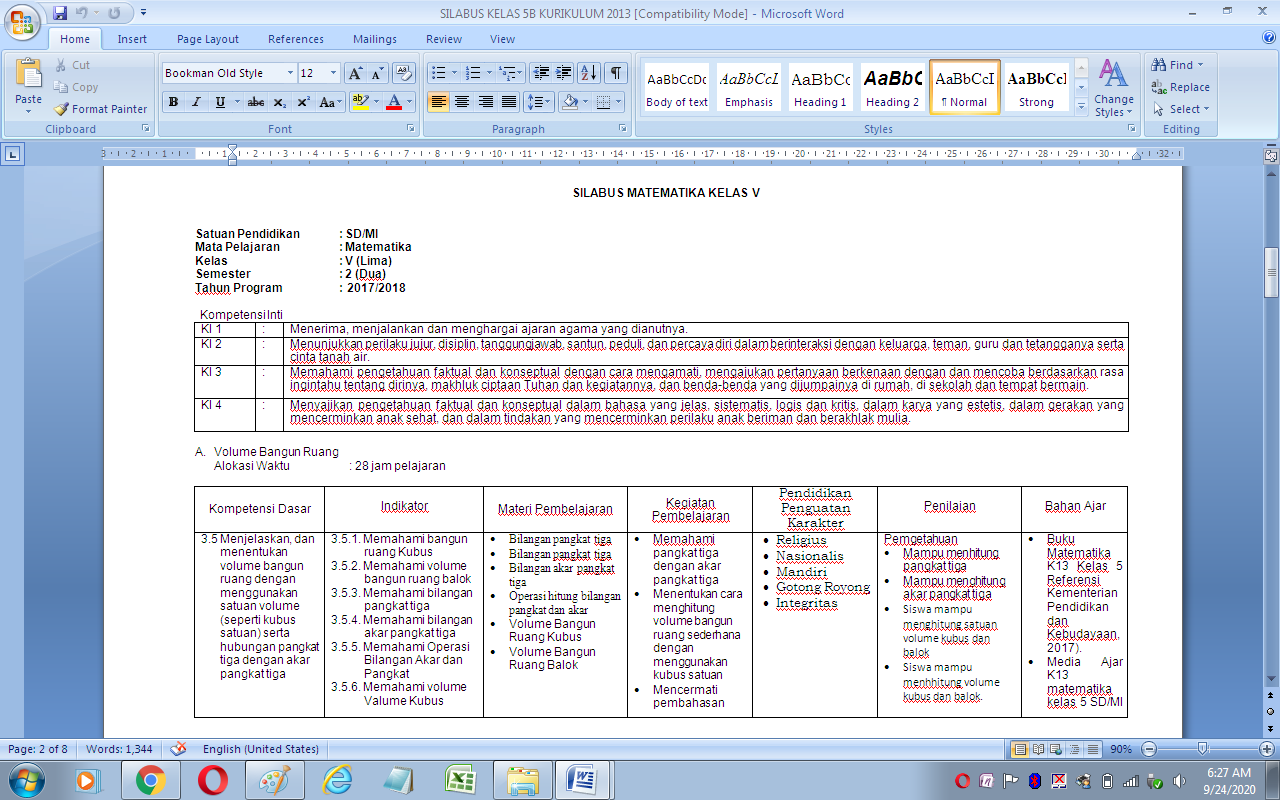 Silabus matematika kelas 5 semester 2 sd/mi