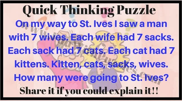 Quick Thinking Puzzle: On my way to St. Ives I saw a man with 7 wives. Each wife had 7 sacks. Each sack had 7 cats. Each cat had 7 kittens. Kitten, cats, sacks, wives. How many were going to St. Ives?