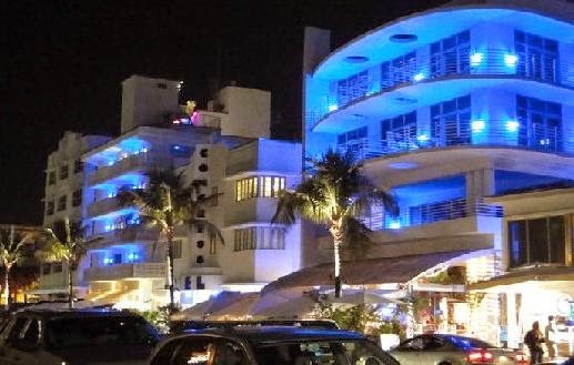 hotel lit up at night
