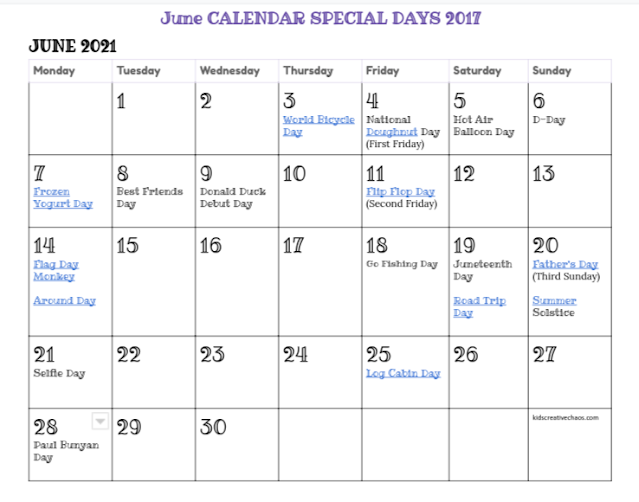 June Calendar Special Days Holidays - Adventures of Kids Creative Chaos