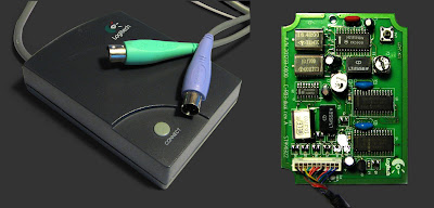 [Image: On the left, a gray box with the Logitech logo, a button labeled 'CONNECT', and a wire coming out of it, ending in two PS/2 connectors. On the right, the box opened and its PCB revealed. On the PCB there are three metal-colored crystals (16.4200 0014TC, 10.1700 0011TC3, 10.2700 HELE), two bulky components labeled LT455EW, and three microchips with Motorola logos. An array of wires goes out.]