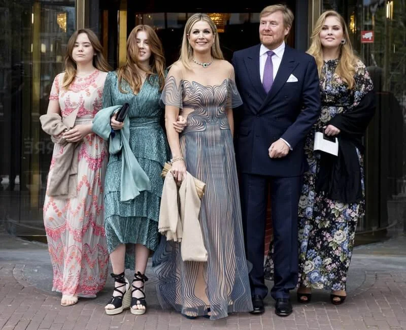 Princess Amalia and Princess Ariane in maxi dress by Needle & Thread, Princess Alexia in green dress by Maje, Maxima in blue dress by Iris van Herpen