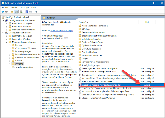 Désactiver l'accès à l'invite de commandes avec l'éditeur de stratégie de groupe locale Mots-clés : Windows 10, sécurité, trucs, astuces, stratégie groupe locale, système, options de sécurité, désactiver l'accès à l'invité de commandes, cmd, administration, cmd.exe