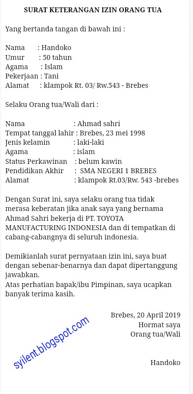 Surat Izin Orang Tua Untuk Persyaratan Melamar Kerja