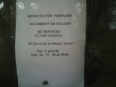 "Services in February - None" (Incumbent on holiday - go to Aspley guise)