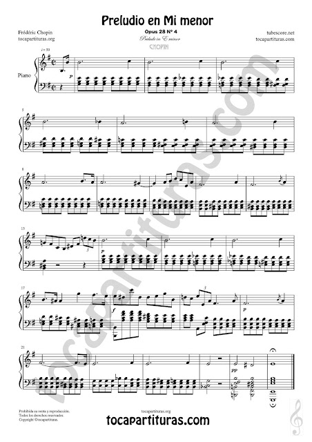 Preludio en Mi menor del maestro Chopin Partitura para Piano Opus 28 Nº 4 (Prelude in E minor by Chopin)