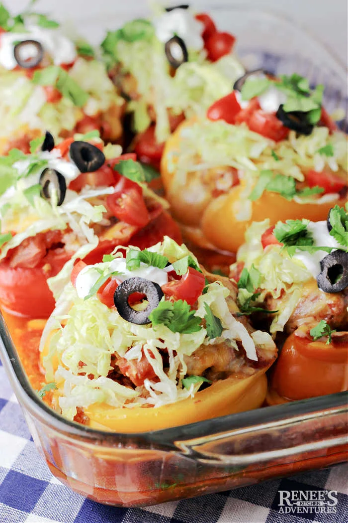 Taco Stuffed Peppers in pan ready to eat