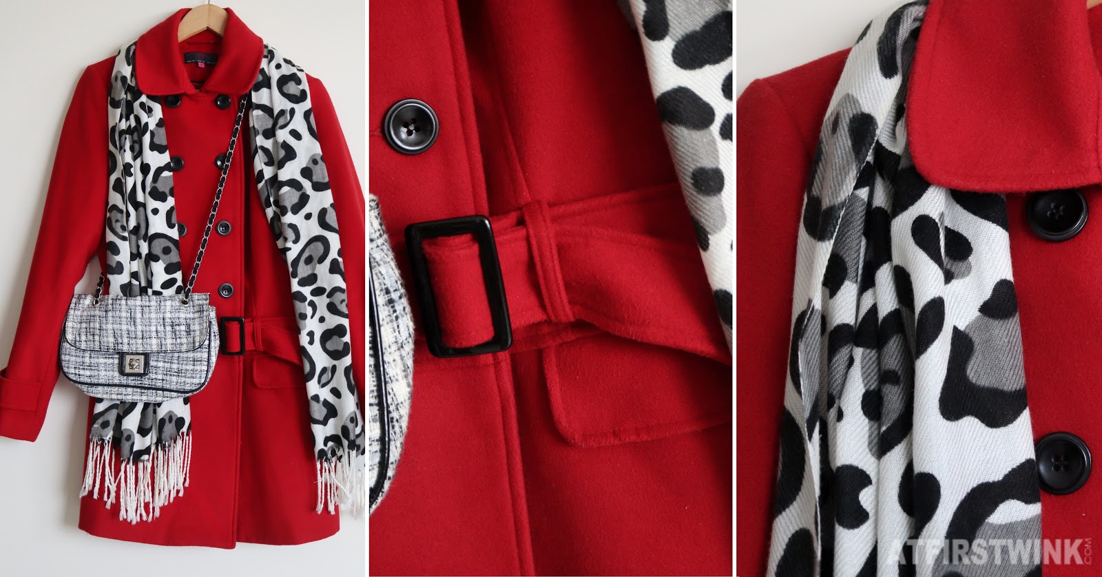 New Look red coat white leopard print scarf black white tweed bag