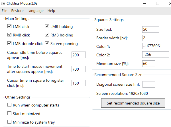 Configuración del mouse sin clic