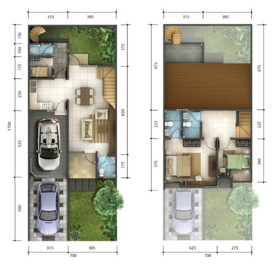 LINGKAR WARNA 3  Denah rumah  minimalis  ukuran 7x17 meter 3  kamar  tidur  2 lantai  tampak depan