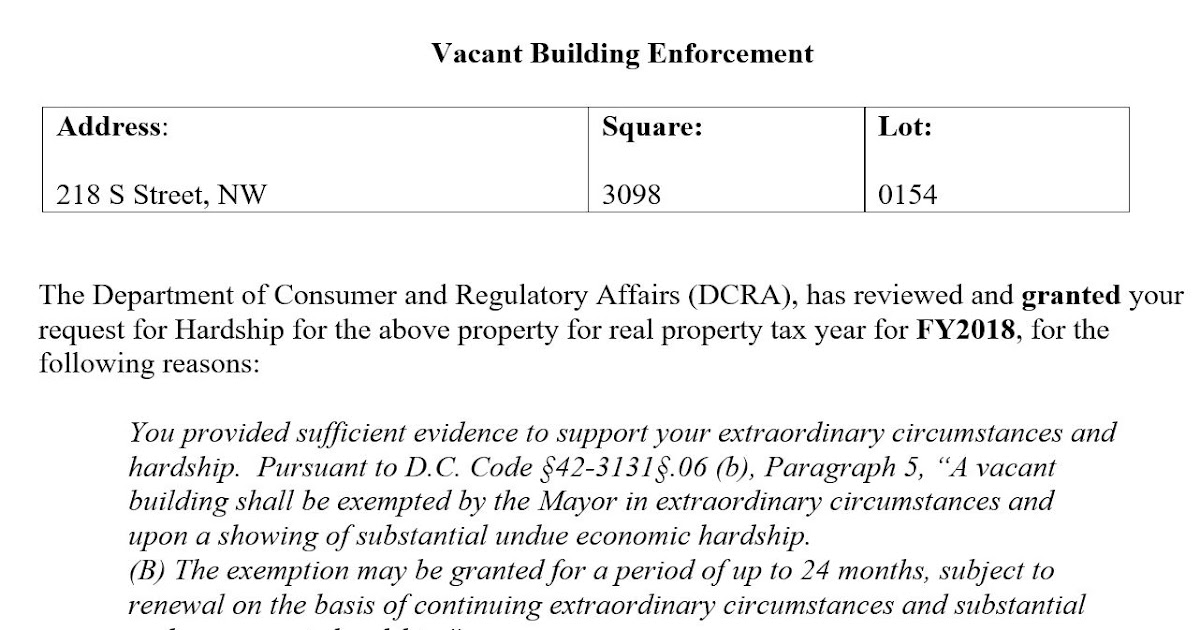 bloomingdale 218 S Street NW vacant property granted hardship