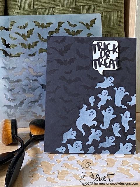 Trick or treat by Sue features Bat, Ghosts, Halloween Trio, and Speech Bubbles by Newton's Nook Designs; #inkypaws, #newtonsnook, #halloweencards, #cardmaking