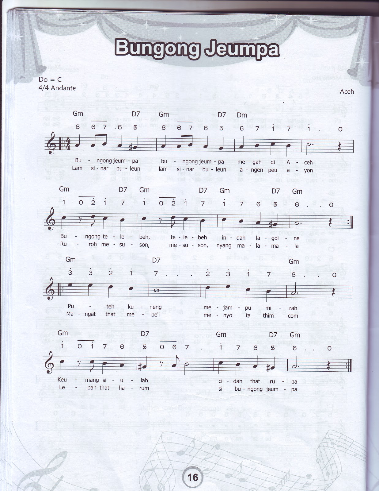Notasi Balok dan Angka Lagu Bungong Jeumpa  